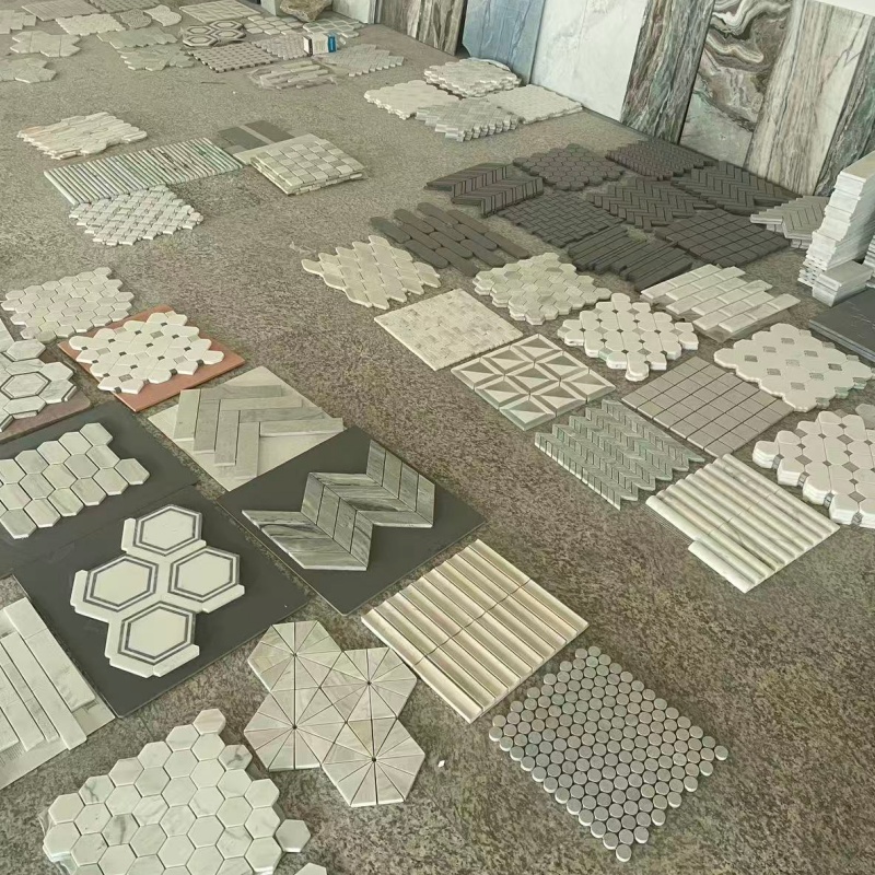 Colorful Glass Mosaic Mix Inlaid Carrara White Stone Marble Mosaic for Europe Kitchen Backsplash Wall Tile